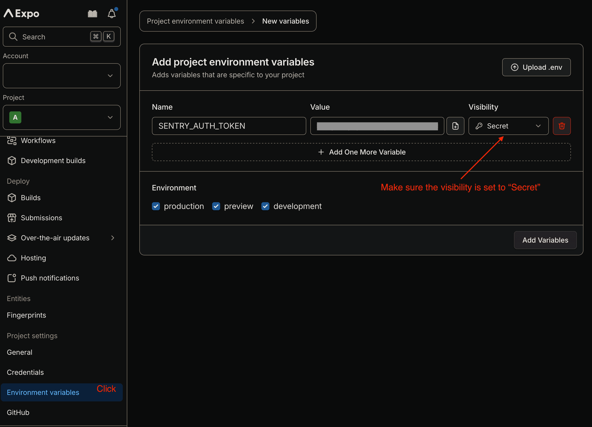 Sentry Auth Token setup